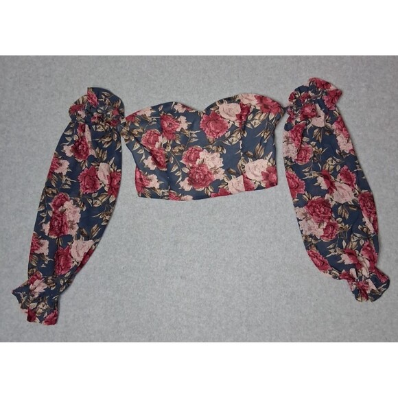 Unbranded Tops - Babydoll Cropped Off The Shoulder Balloon Sleeve Blouse Small Floral Coquette